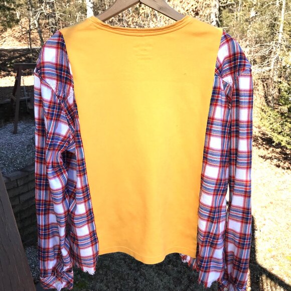 Upcycled Graphic Tee Flannel Sleeves, S-M: Oversized Lighthouse Pullover Shirt - Picture 7 of 10